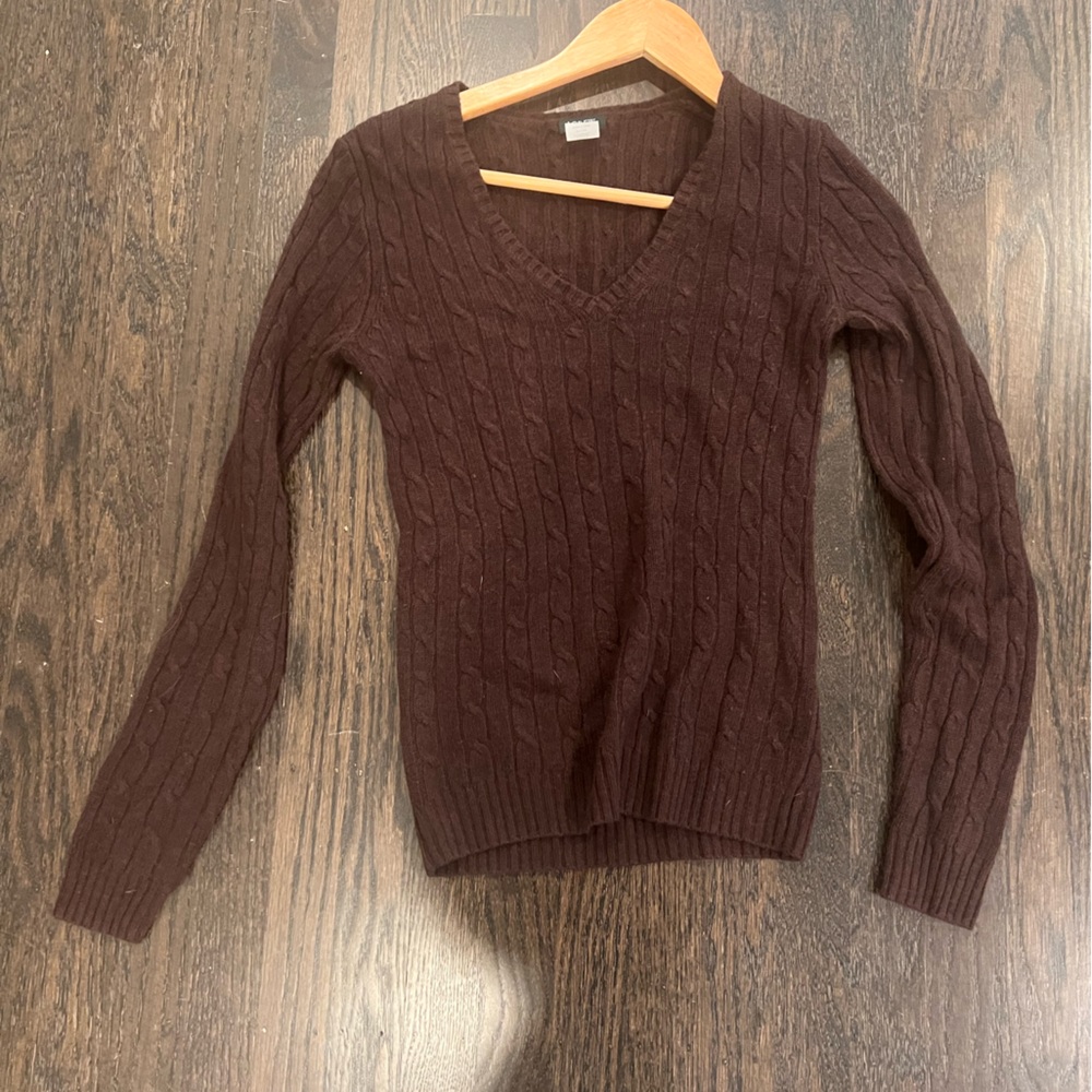 Vintage Wool-blend J. Crew Brown V-Neck Cable-knit Sweater